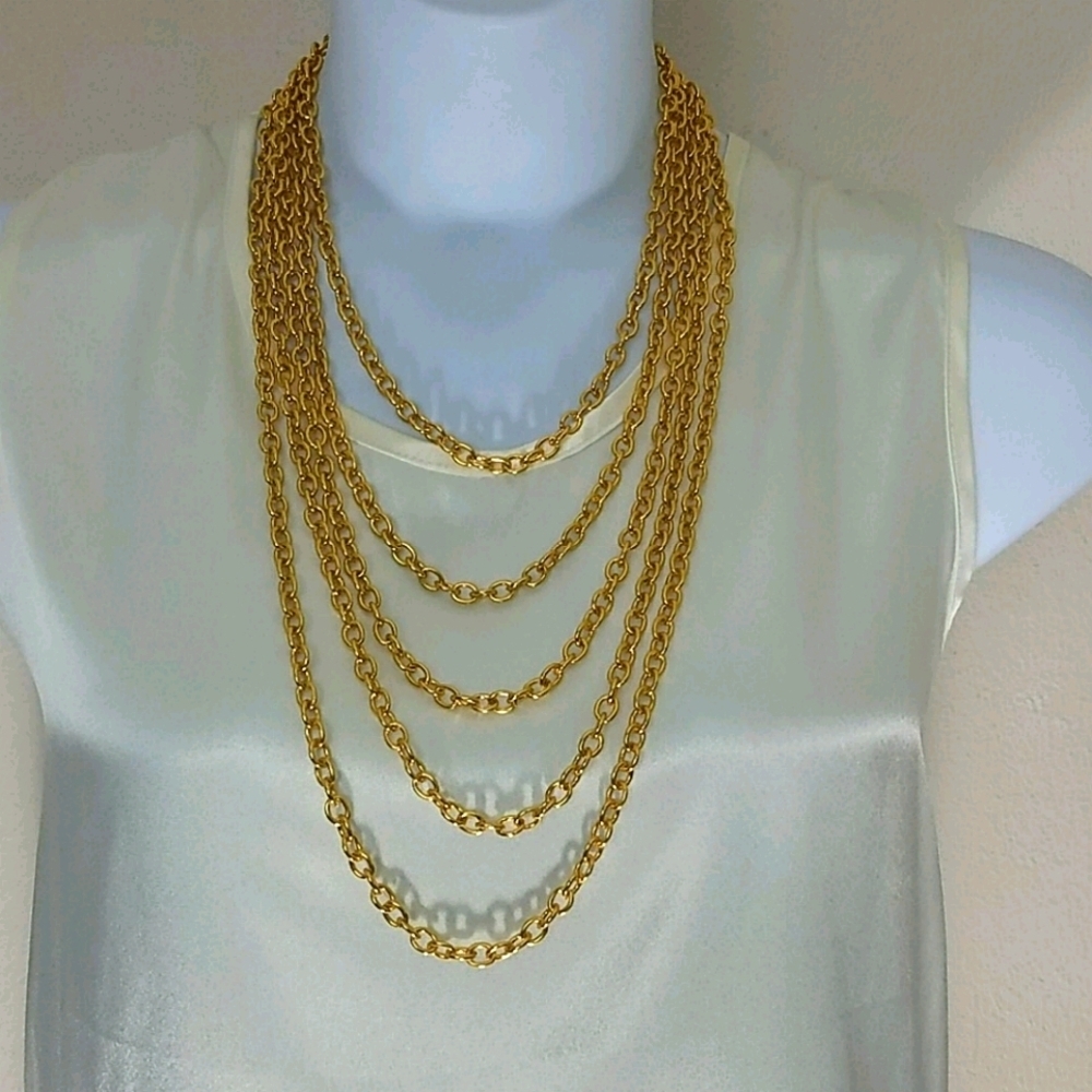 Necklace 5 strand gold plated large Rolo chain new